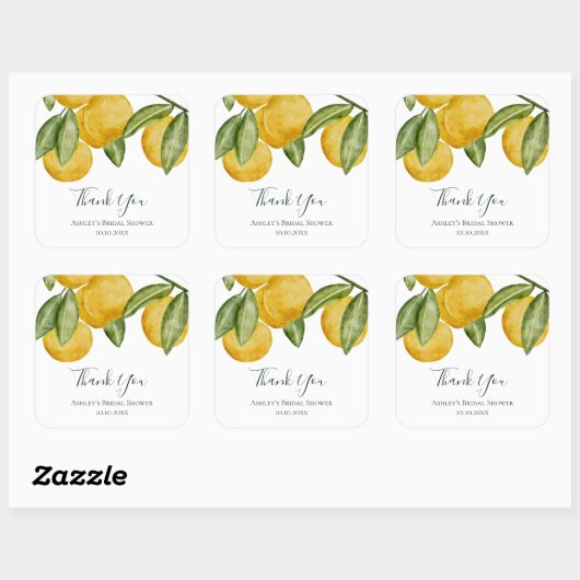かわいいレモンの水彩色のウェディングシャワーのお礼 スクエアシール (シート)