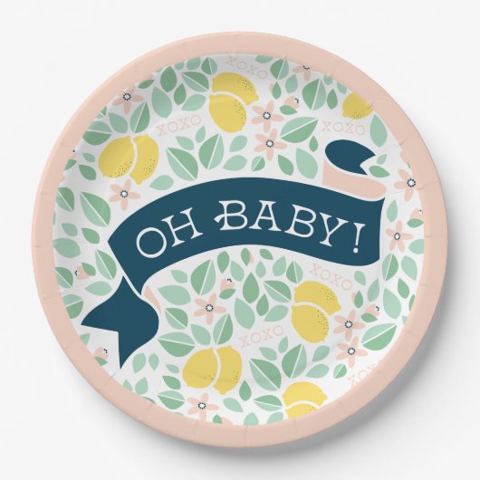 かわいいレモンイエローピンクの植物性ベビーシャワー ペーパープレート (正面)