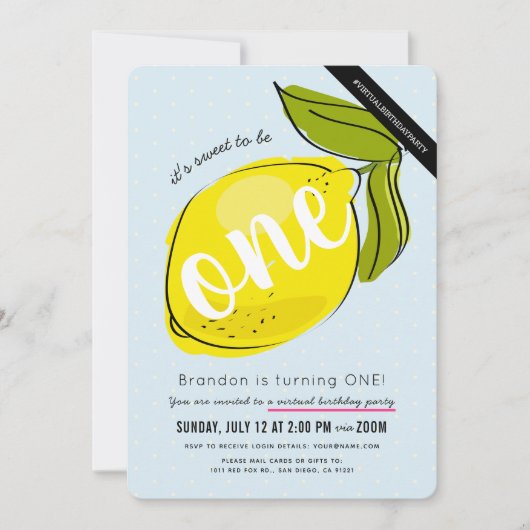 かわいいレモンボーイブルーバーチャル1st誕生日 招待状 (正面)