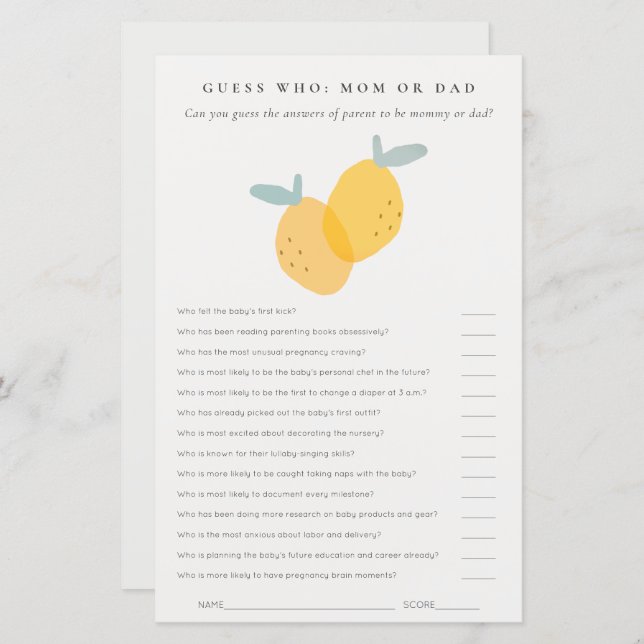 かわいいレモン柑橘系ベビーシャワー誰がママまたはパパ (正面/裏面)