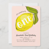 かわいいレモン1歳誕生日 ベビーピンク パーティー招待状 招待状 (正面)