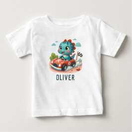 かわいいレーサーダイノがスポーツカーを運転 ベビーTシャツ