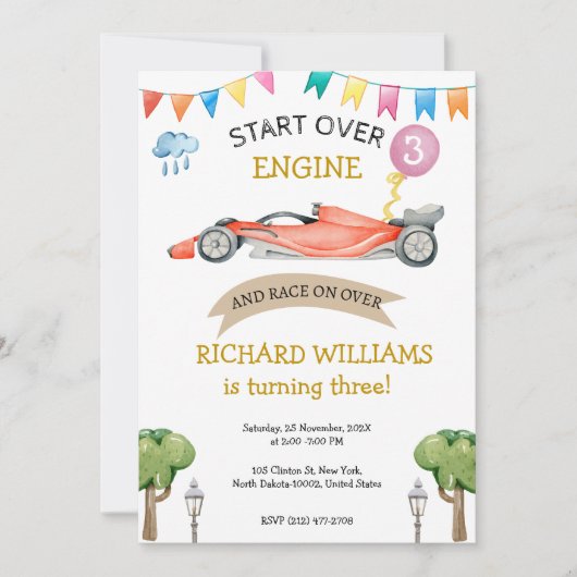 かわいいレーシングカーキッドの誕生日テーマ 招待状 (正面)