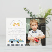 かわいいレーシングカーブルー写真あらゆる年齢の誕生日 サンキューカード (スタンド正面)