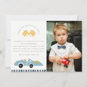 かわいいレースカーの子供たち青い写真どんな年齢の誕生日 サンキューカード (正面)