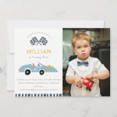 かわいいレースカーキッズ写真任意の年齢の誕生日招待状 サンキューカード (正面)