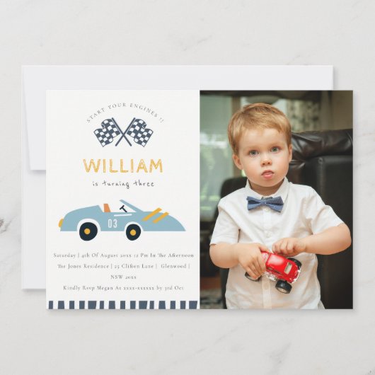 かわいいレースカーキッズ写真任意の年齢の誕生日招待状 サンキューカード (正面)