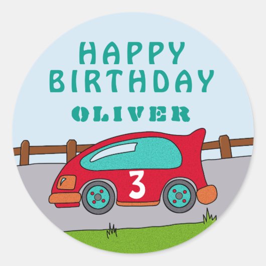 かわいいレースカーレッドボーイナスエイジハッピーバースデー ラウンドシール (正面)