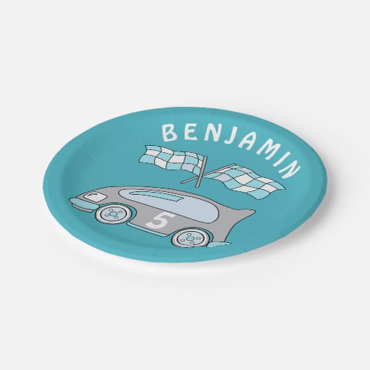 かわいいレースカー 青い 名前 年齢 男の子 誕生日パーティー ペーパープレート (アングル)