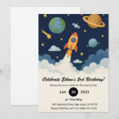 かわいいロケットと惑星の宇宙アートの誕生日 招待状 (正面/裏面)