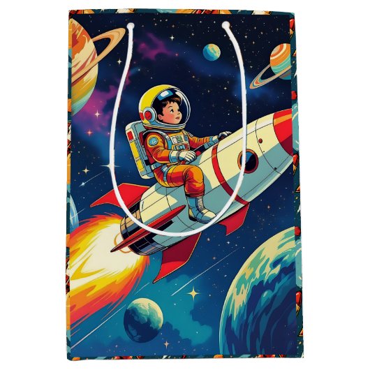 かわいいロケット弾宇宙宇宙飛行士誕生日 ミディアムペーパーバッグ (正面)