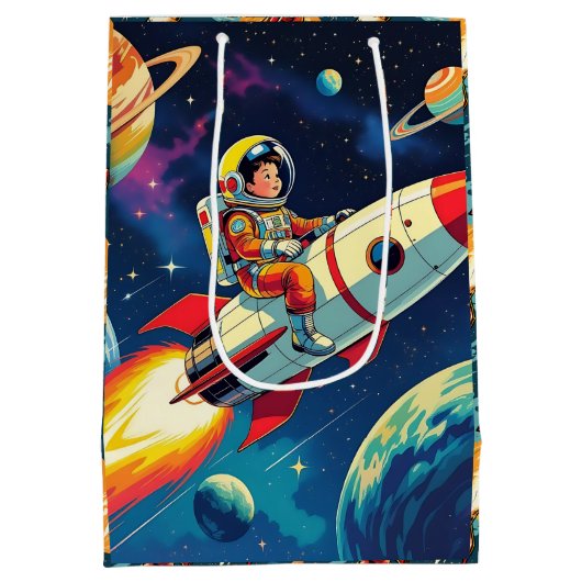 かわいいロケット弾宇宙宇宙飛行士誕生日 ミディアムペーパーバッグ (裏面)