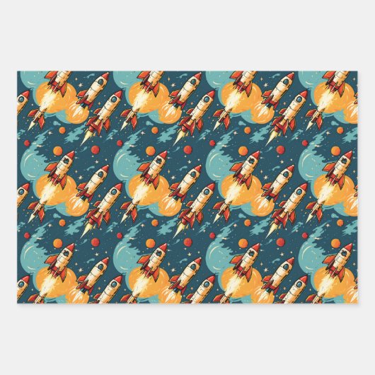 かわいいロケット弾宇宙宇宙飛行士誕生日 ラッピングペーパーシート (正面3)