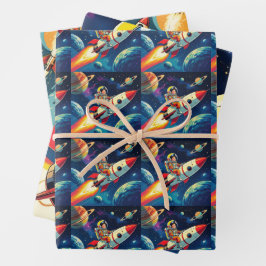 かわいいロケット弾宇宙宇宙飛行士誕生日 ラッピングペーパーシート