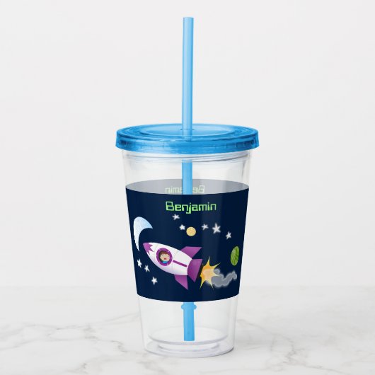 かわいいロケット船の宇宙漫画イラストレーション アクリルタンブラー (正面)