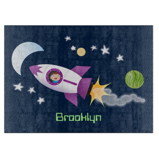 かわいいロケット船の宇宙漫画イラストレーション カッティングボード (正面)