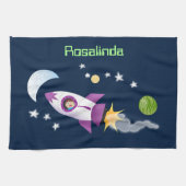 かわいいロケット船の宇宙漫画イラストレーション キッチンタオル (横)