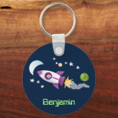 かわいいロケット船の宇宙漫画イラストレーション キーホルダー (正面)