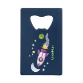 かわいいロケット船の宇宙漫画イラストレーション クレジットカード栓抜き (正面)