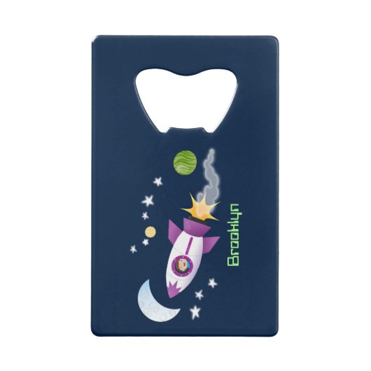 かわいいロケット船の宇宙漫画イラストレーション クレジットカード栓抜き (正面)