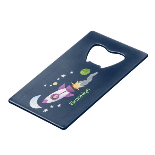 かわいいロケット船の宇宙漫画イラストレーション クレジットカード栓抜き (裏面アングル)