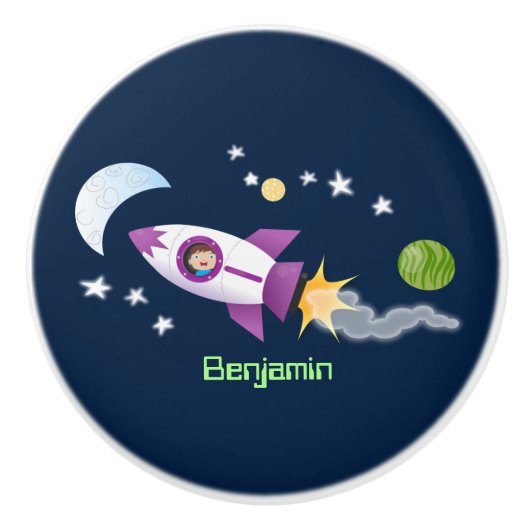かわいいロケット船の宇宙漫画イラストレーション セラミックノブ (正面)