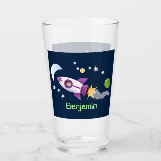 かわいいロケット船の宇宙漫画イラストレーション タンブラーグラス (正面)