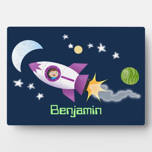 かわいいロケット船の宇宙漫画イラストレーション フォトプラーク (正面)