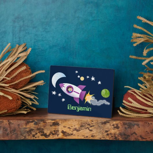 かわいいロケット船の宇宙漫画イラストレーション フォトプラーク (側面)