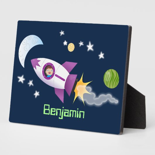 かわいいロケット船の宇宙漫画イラストレーション フォトプラーク (側面)