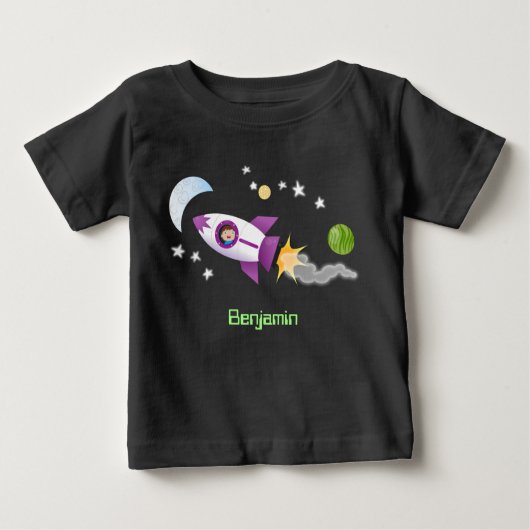 かわいいロケット船の宇宙漫画イラストレーション ベビーTシャツ (正面)