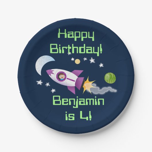 かわいいロケット船の宇宙漫画イラストレーション ペーパープレート (正面)