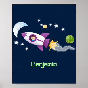 かわいいロケット船の宇宙漫画イラストレーション ポスター