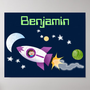かわいいロケット船の宇宙漫画イラストレーション ポスター
