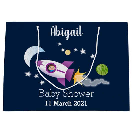 かわいいロケット船の宇宙漫画イラストレーション ラージペーパーバッグ (正面)