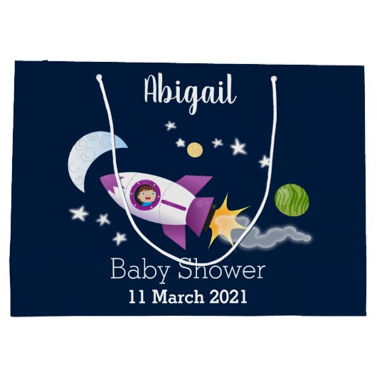 かわいいロケット船の宇宙漫画イラストレーション ラージペーパーバッグ (裏面)