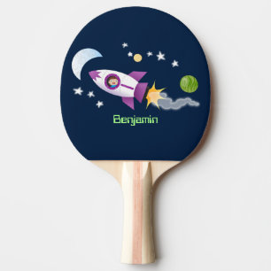 かわいいロケット船の宇宙漫画イラストレーション 卓球ラケット