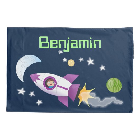 かわいいロケット船の宇宙漫画イラストレーション 枕カバー (裏面)