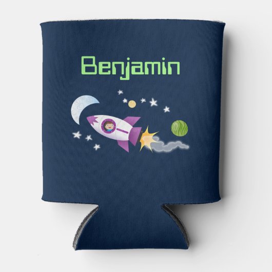 かわいいロケット船の宇宙漫画イラストレーション 缶クーラー (正面)