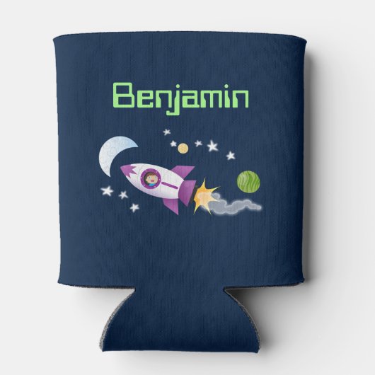 かわいいロケット船の宇宙漫画イラストレーション 缶クーラー (裏面)