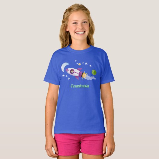 かわいいロケット船の宇宙漫画イラストレーション Tシャツ (正面フル)