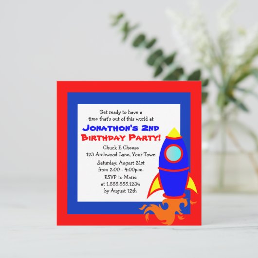かわいいロケット/宇宙のテーマの子供の誕生日 招待状 (スタンド正面)