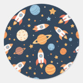 かわいいロケット 惑星 宇宙 パターン ラウンドシール (正面)