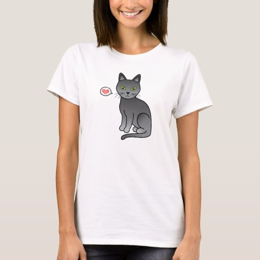 かわいいロシアンブルーの猫のイラストとハート Tシャツ (正面)