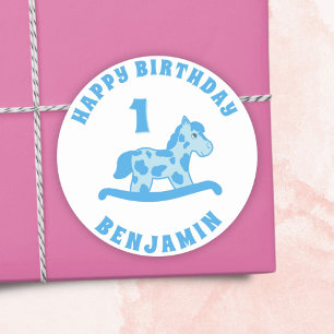 かわいいロッキングホースブルーボーイ1歳の誕生日 ラウンドシール