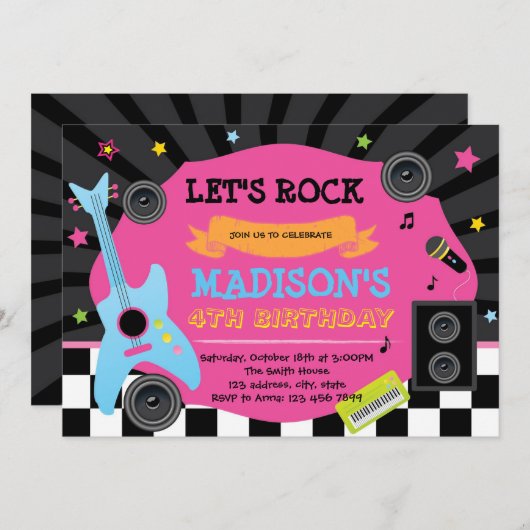 かわいいロックスター誕生日パーティーの招待 招待状 (正面/裏面)