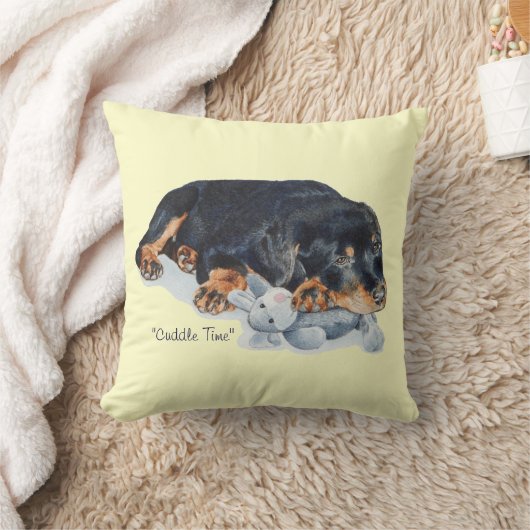 かわいいロットワイラーの小犬の抱きしめるテディー・ベアの芸術 クッション (ブランケット)