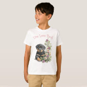 かわいいロットワイラーの花柄デザイン Tシャツ (正面フル)