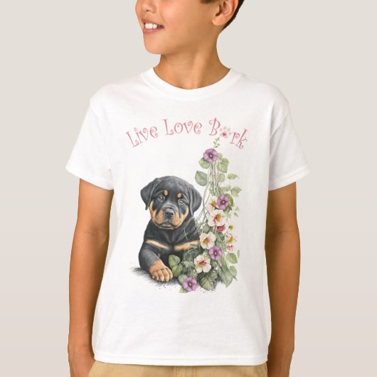 かわいいロットワイラーの花柄デザイン Tシャツ (正面)