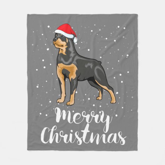かわいいロットワイラーサンタハットメリークリスマスコスチューム フリースブランケット (正面)